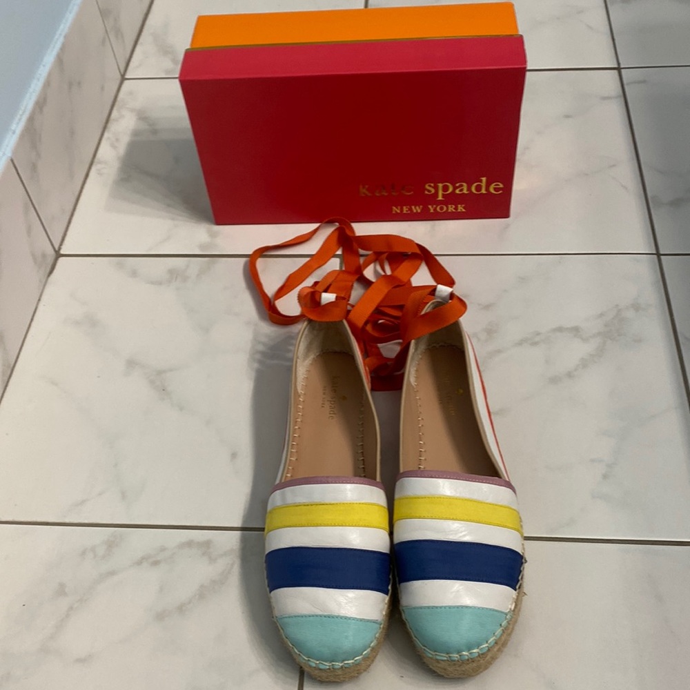 Kate Spade Leena White Napa Mint Blue Yellow Pink Grosgrain Espadrilles Size 10 - Picture 2 of 6